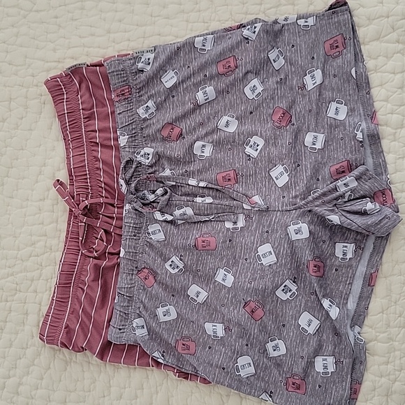 Rae Dunn Pink Striped & Coffee Cup Print Sleep Shorts-2 pairs In Set - Picture 1 of 3